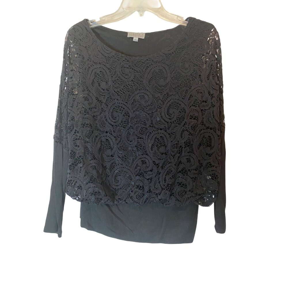 Joseph A. Top Blouse Elegant Black Lace Overlay Long Sleeve Banded Bottom Medium